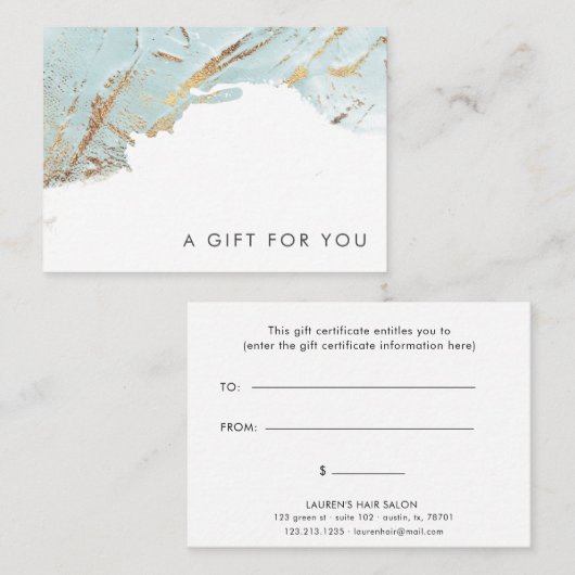 certificat cadeau en or bleu texturé (Devant / Derrière)