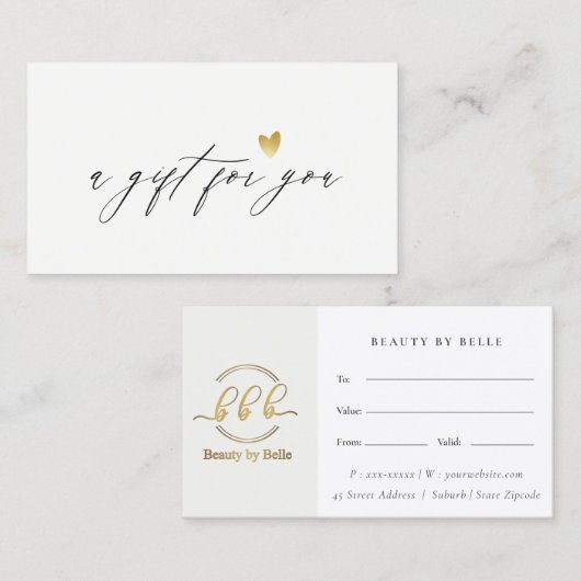 Certificat cadeau minimal simple Gold Heart (Devant / Derrière)