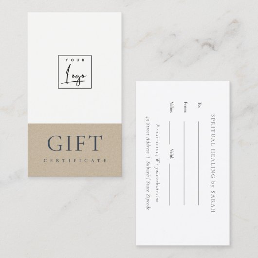 Certificat cadeau minimum simple Kraft Logo (Devant / Derrière)