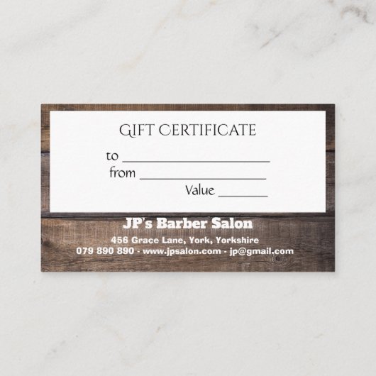 Certificat cadeau original et moderne Rustic Wood (Dos)