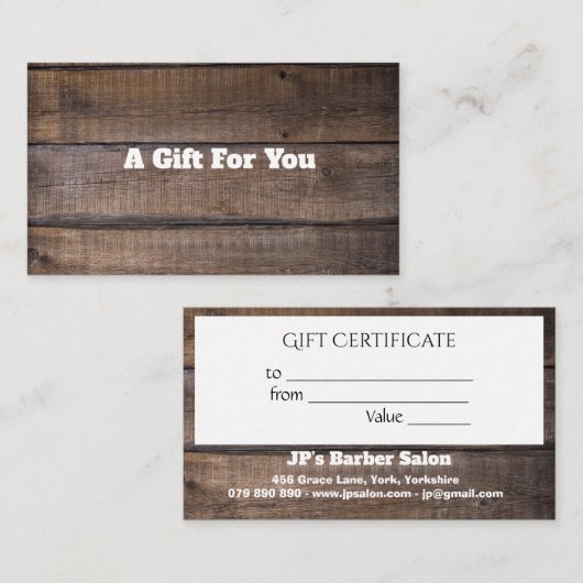 Certificat cadeau original et moderne Rustic Wood (Devant / Derrière)