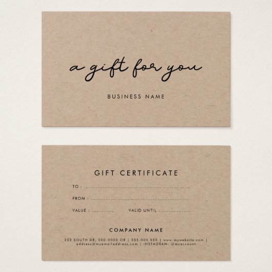 Certificat cadeau papier simple kraft (Devant & derrière)