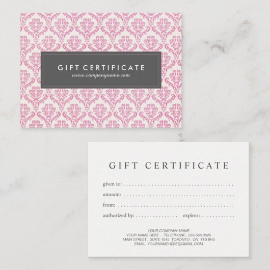 Certificat cadeau personnalisé Pink Damask (Devant / Derrière)