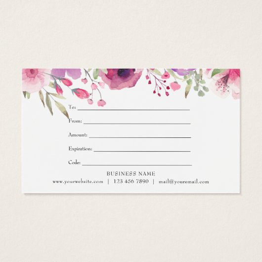 Certificat cadeau Rose Floral Aquarelle (Dos)