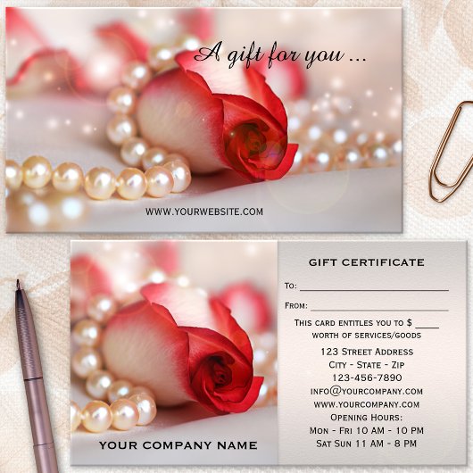 Certificat Cadeau Rose Romantique et Perles