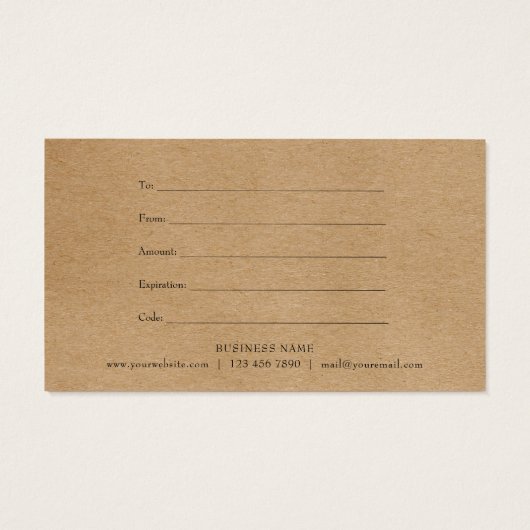 Certificat cadeau Rustic Kraft (Dos)