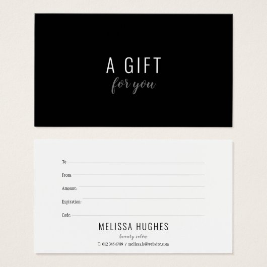 Certificat Cadeau Simple Élégant Noir et Blanc (Devant & derrière)