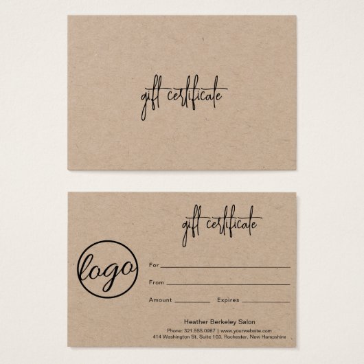 Certificat cadeau simple Rustic Business Logo (Devant & derrière)