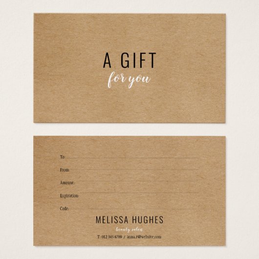 Certificat cadeau simple Rustique Kraft (Devant & derrière)