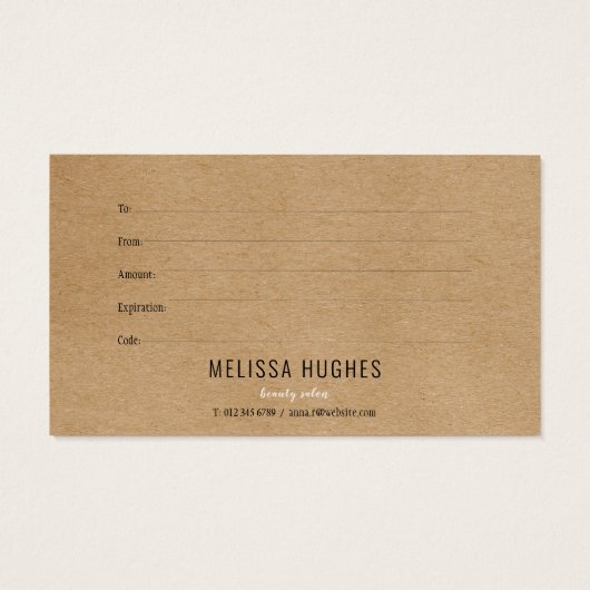Certificat cadeau simple Rustique Kraft (Dos)
