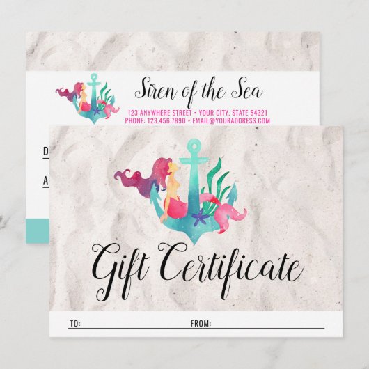 Certificat cadeau Sirène sur carte nautique Ancre (Devant / Derrière)