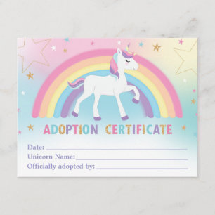 Certificat d'adoption Unicorn Anniversaire Fête Fa