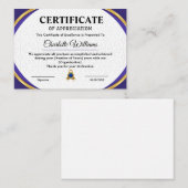 Certificat d'appréciation de reconnaissance des em (Devant / Derrière)