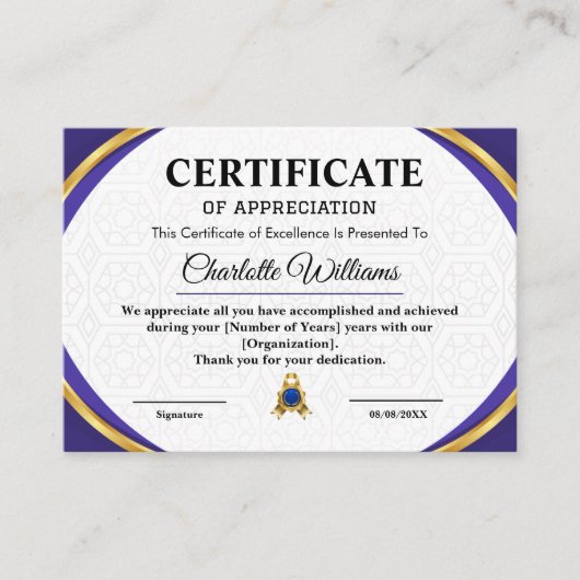 Certificat d'appréciation de reconnaissance des em (Devant)