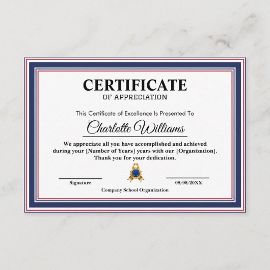 Certificat d'appréciation d'employé professionnel (Devant)