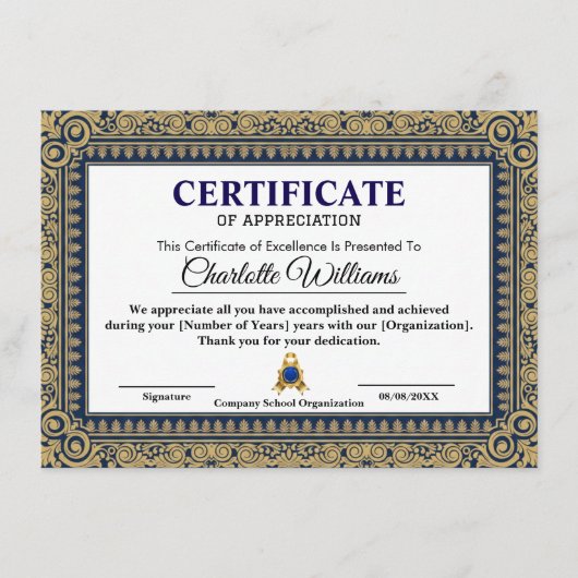 Certificat d'appréciation élégant bleu or (Devant)