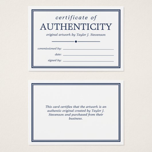 Certificat d'authenticité bleu bleu marine (Devant & derrière)