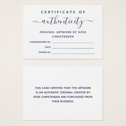 Certificat d'authenticité Chic Navy Script (Devant & derrière)