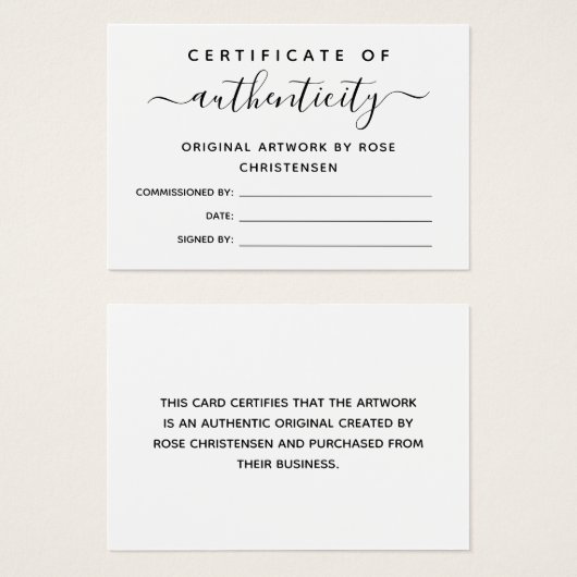Certificat d'authenticité de script simple et chic (Devant & derrière)