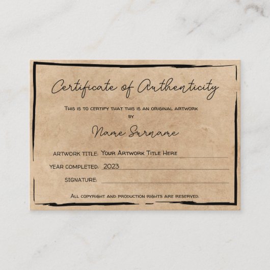 Certificat d'authenticité oeuvre par Ajouter un lo (Devant)