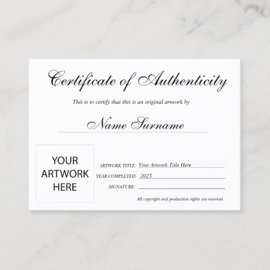 Certificat d'authenticité oeuvre par Ajouter un lo (Devant)