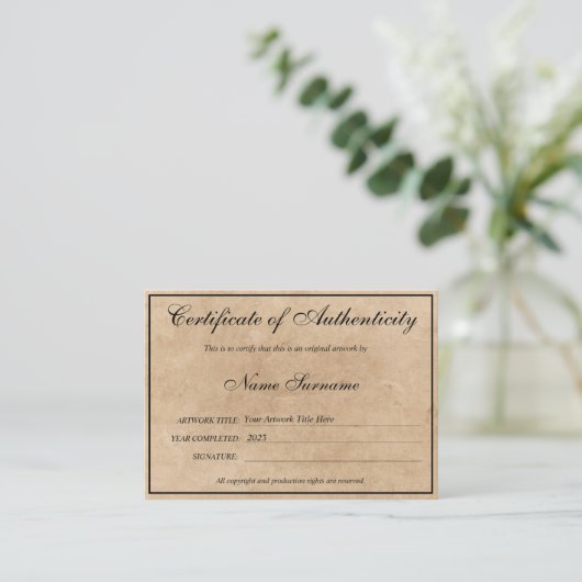 Certificat d'authenticité oeuvre par Ajouter un lo (Debout devant)