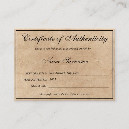 Certificat d'authenticité oeuvre par Ajouter un lo (Devant)