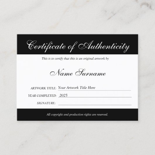 Certificat d'authenticité oeuvre par Ajouter un lo (Devant)