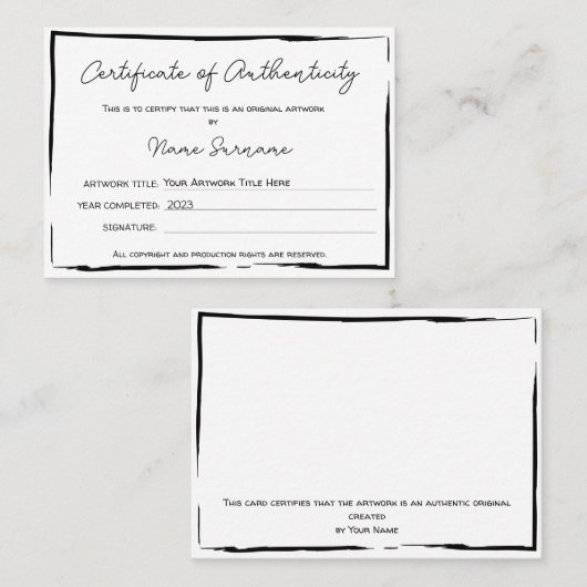 Certificat d'authenticité oeuvre par Ajouter un lo (Devant / Derrière)