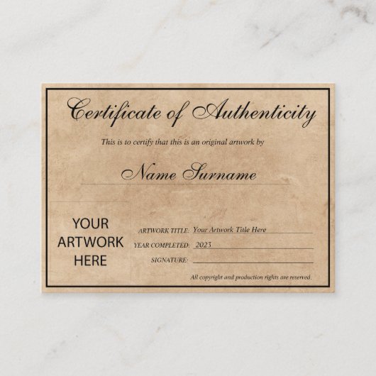 Certificat d'authenticité oeuvre par Ajouter un lo (Devant)