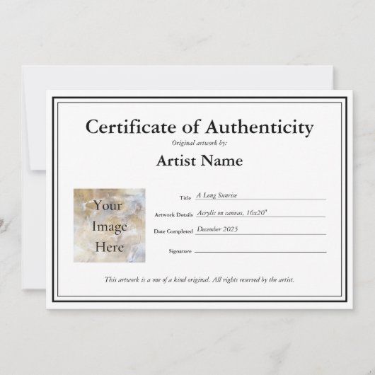 Certificat d'authenticité Remplir en Modèle (Devant)