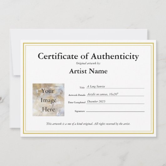 Certificat d'authenticité Remplir en Modèle (Devant)