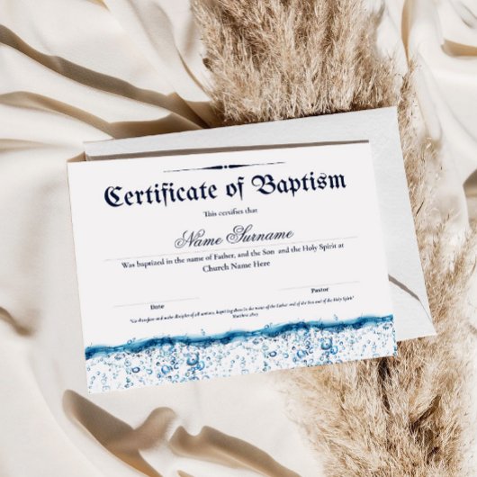 Certificat de baptême Baptême d'eau Feuille de pap