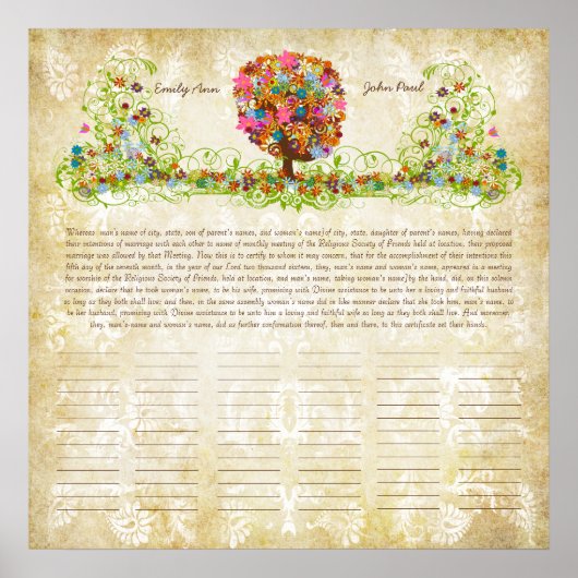 Certificat de Mariage Quaker avec Impression d'Arb (Devant)