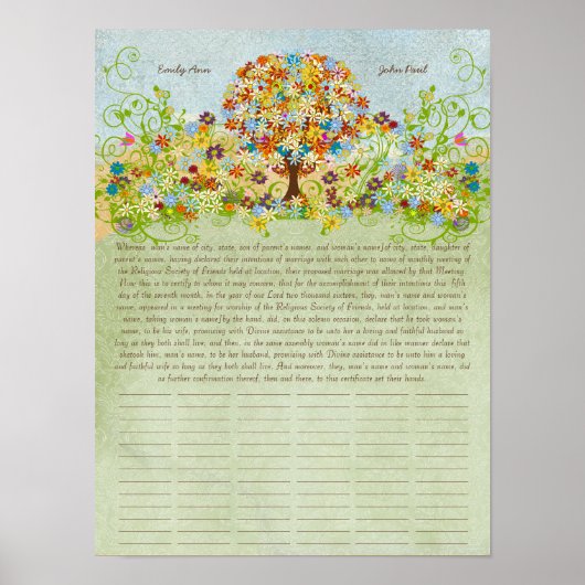 Certificat de Mariage Quaker avec Impression d'Arb (Devant)
