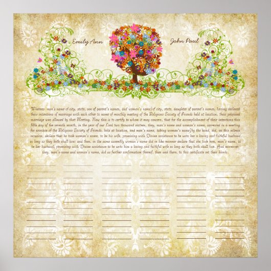 Certificat de mariage quaker impression arbre fleu (Devant)