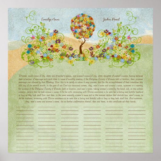 Certificat de mariage quaker impression arbre fleu (Devant)