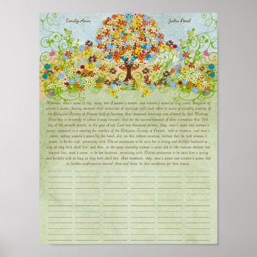 Certificat de Mariage Quaker - Impression d'arbre  (Devant)