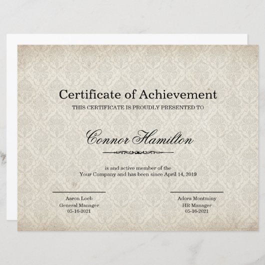 Certificat de Modèle d'appréciation (Devant / Derrière)