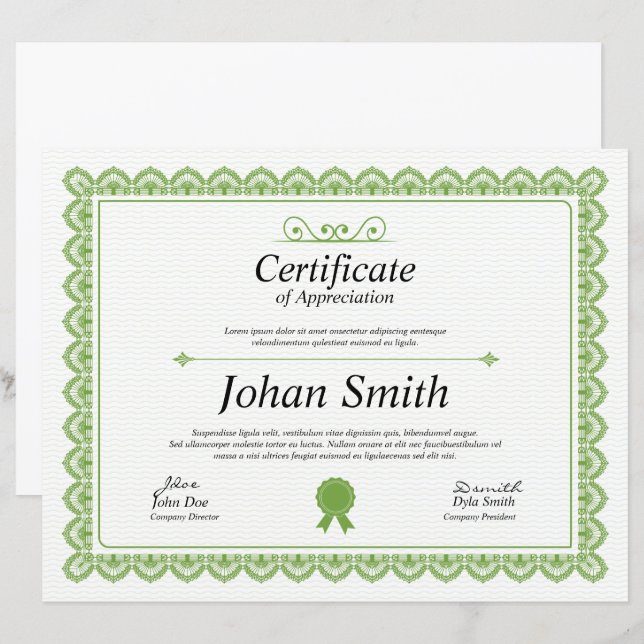 Certificat De Modèle D'Appréciation (Devant / Derrière)