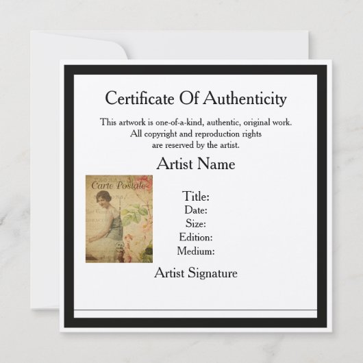 Certificat de Modèle d'authenticité pour l'artiste (Devant)