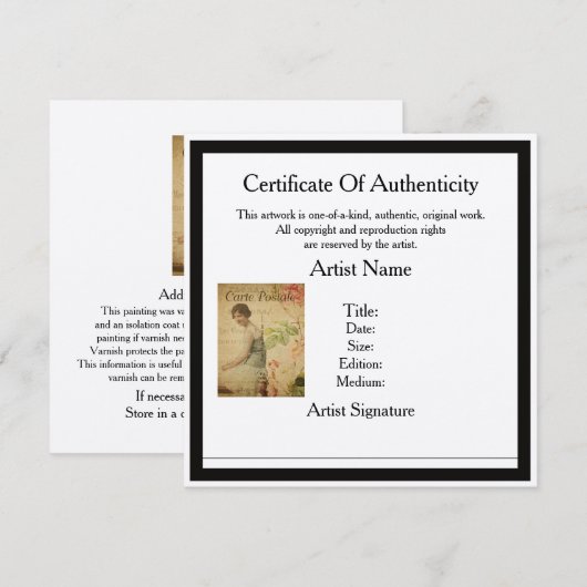 Certificat de Modèle d'authenticité pour l'artiste (Devant / Derrière)