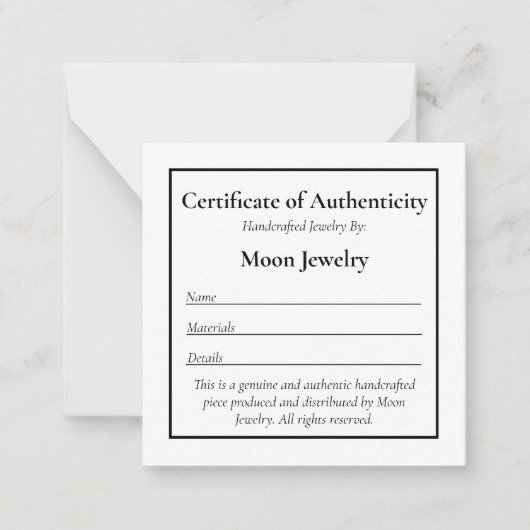 Certificat de Modèle de bijoux d'authenticité (Devant)