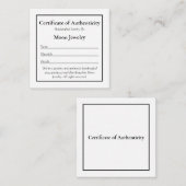 Certificat de Modèle de bijoux d'authenticité (Devant / Derrière)