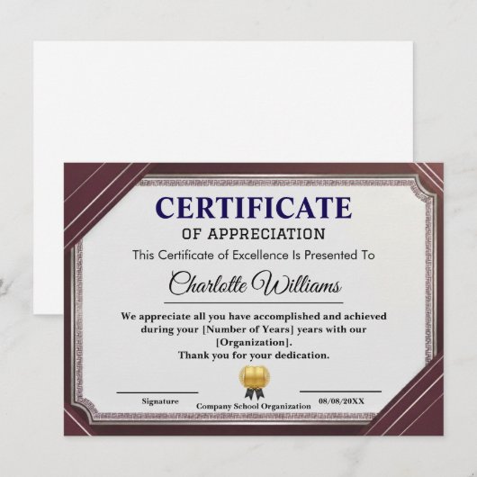 Certificat de Reconnaissance Professionnel Élégant (Devant / Derrière)
