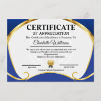 Certificat de Remerciement Bleu Or Élégant