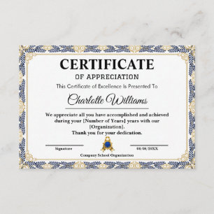 Certificat d'or d'appréciation des années de servi