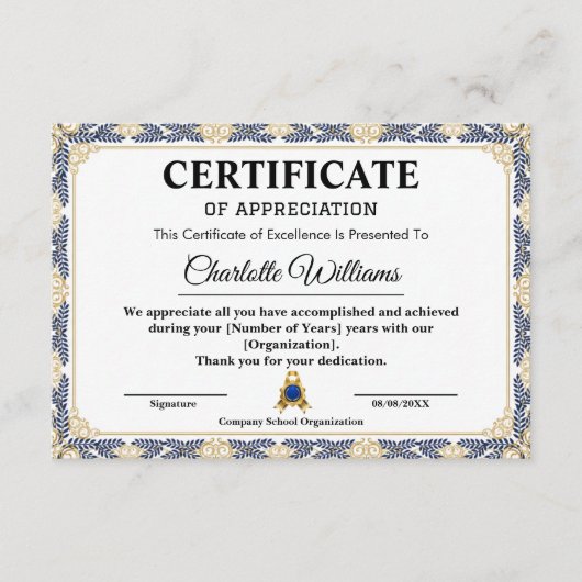 Certificat d'or d'appréciation des années de servi (Devant)
