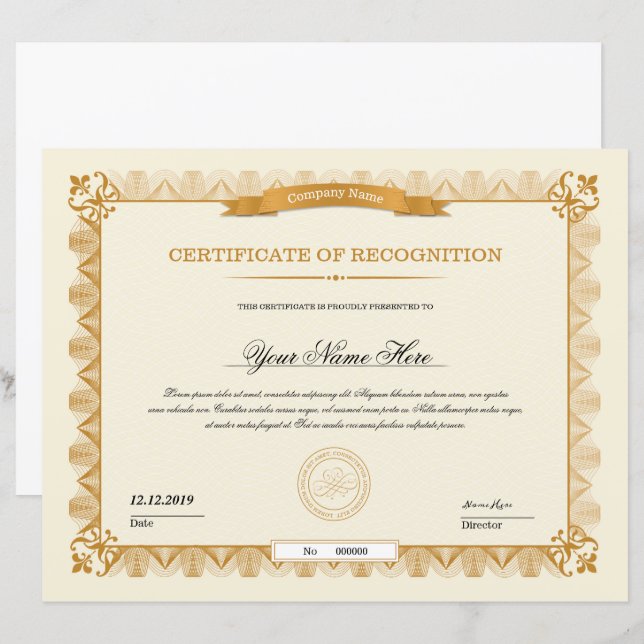 Certificat d'or de Modèle d'appréciation (Devant / Derrière)