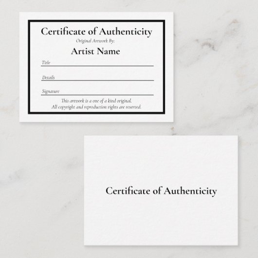 Certificat miniature d'authenticité pour l'art (Devant / Derrière)
